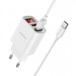 Incarcator Retea Borofone A58a Dual Usb A 2.4a + Usb A 2.4a Cu Display Digital Cu Cablu Usb A - Type C - Alb