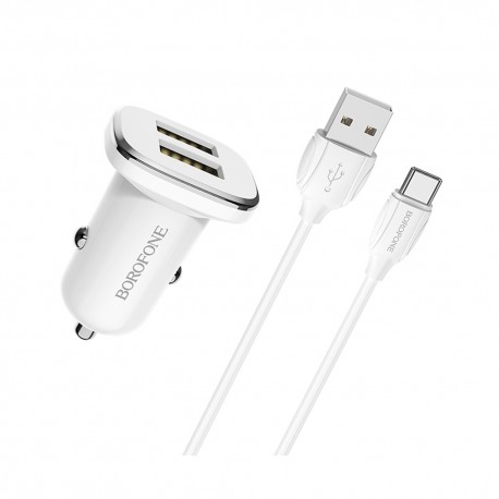 Incarcator Auto Borofone Bz12 Dual Usb A 2.4a +usb A 2.4a Cu Cablu Usb A - Type C - Alb
