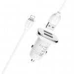 Incarcator Auto Borofone Bz12 Dual Usb A 2.4a +usb A 2.4a Cu Cablu Usb A - Lightning - Alb