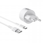 Incarcator Retea Borofone A23a Dual Usb A 2.4a + Usb A 2.4a Cu Cablu Usb A - Type C - Alb