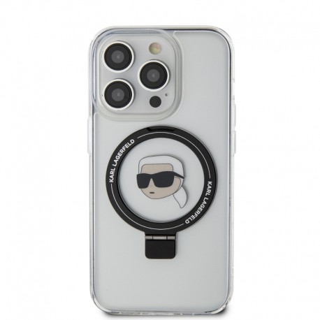 Capac Protectie Spate Karl Lagerfeld Magsafe Pentru iPhone 15 Pro Colectia Ringstand Karl Head  - Alb