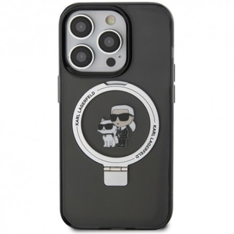 Capac Protectie Spate Karl Lagerfeld Magsafe Pentru iPhone 15 Pro Colectia Ringstand Karl And Choupette  - Negru